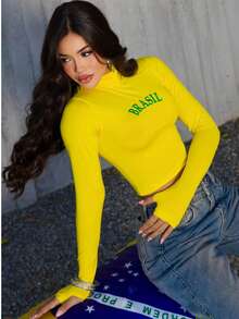 Women's Cropped High Neck Blouse Brazil World Cup Fan - Yellow - View 4