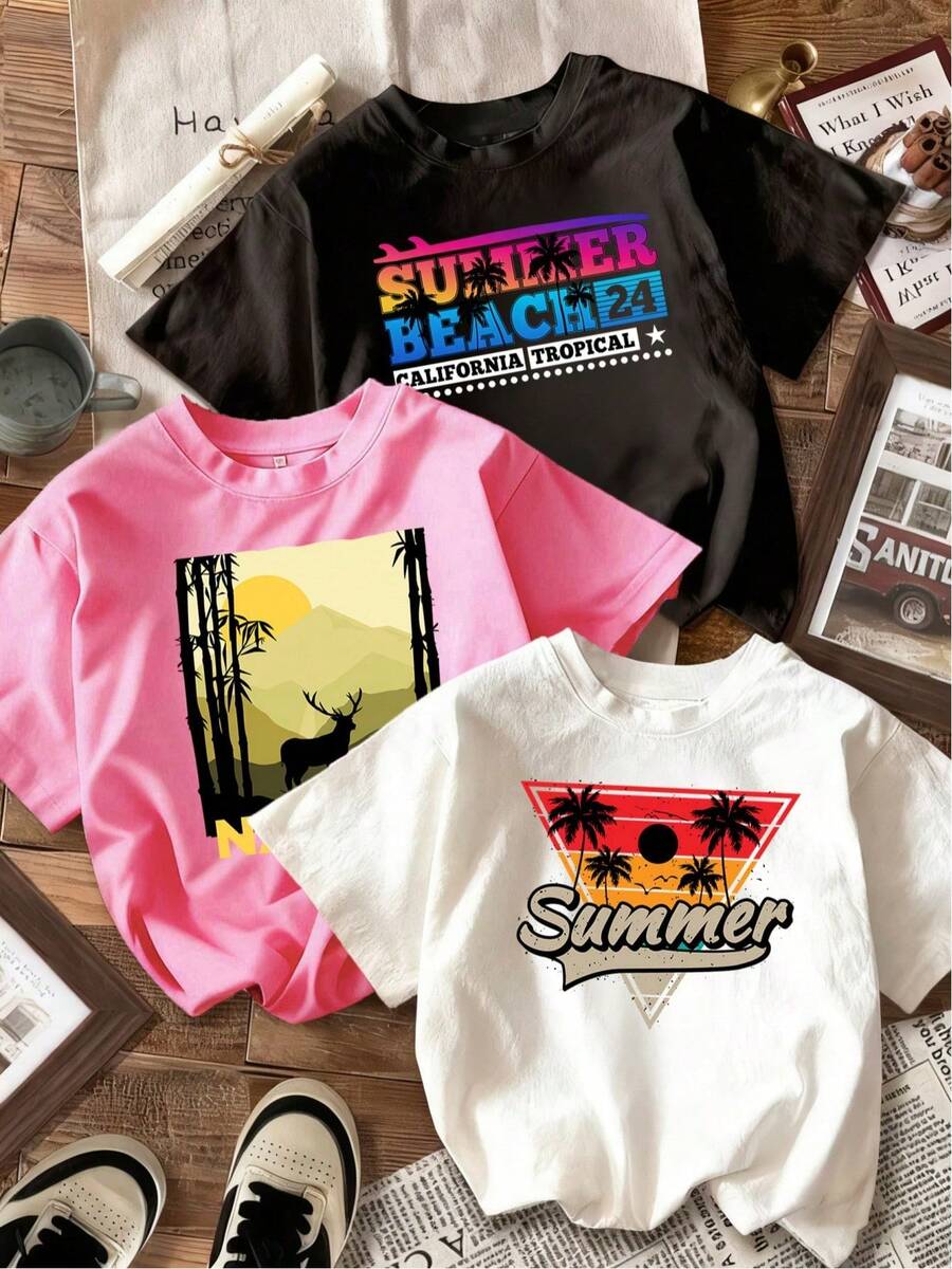 Women's T-Shirt 2026, 1 Piece Set, Beach Sun Letter Print, Women's T-Shirt, Comfortable Casual Wear, Loose Fit Fashion T-Shirt, Stylish T-Shirt For Women. - 黑色 - 查看 1
