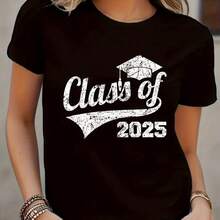 Camiseta Estampada de Moda para Mujer, Temporada de Graduación, Cuello Redondo Casual, Manga Corta, Transpirable y Lavable a Máquina - negro - Ver 2