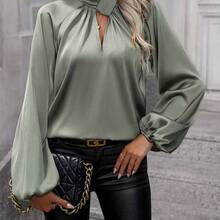 Clasi Camisa casual sólida de manga larga y sencilla con diseño hueco para mujer - Verde militar - Ver 2
