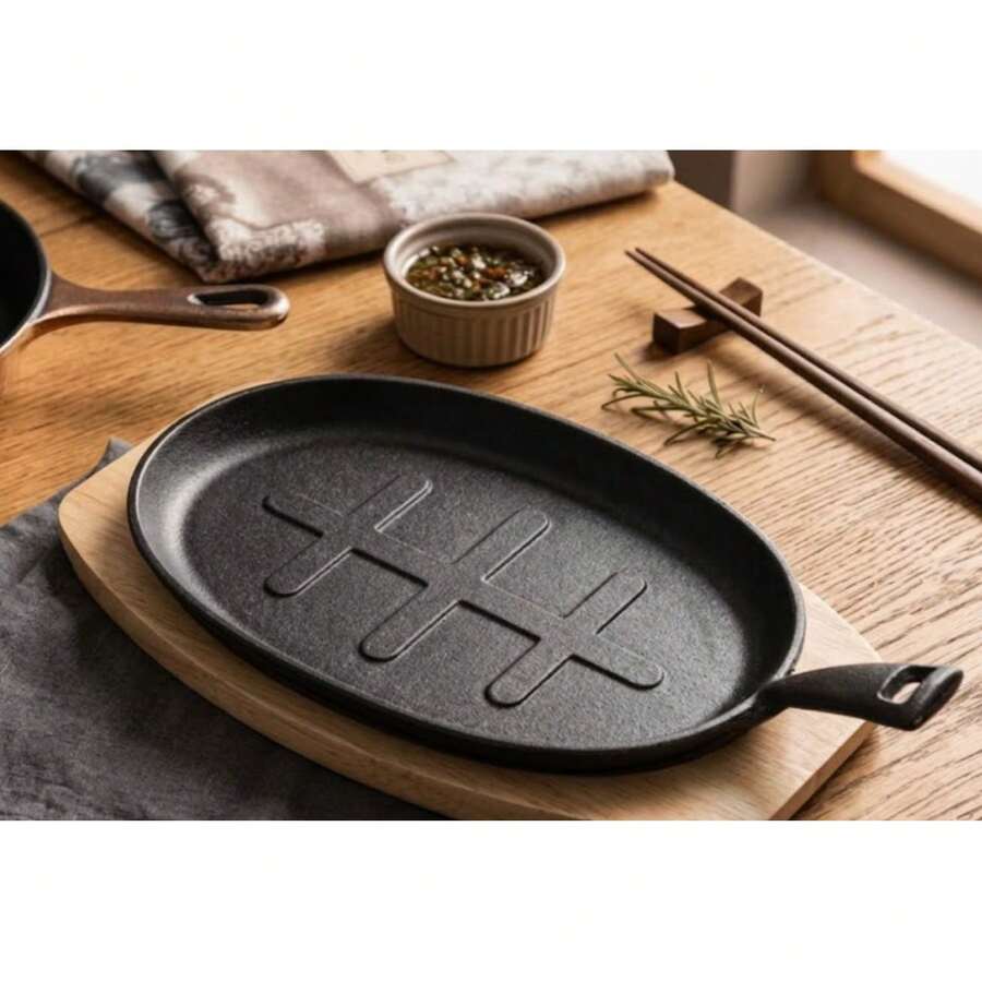 Sartén Plancha De Hierro Fundido Con Mango Premium Con Base De Madera - Ver 1