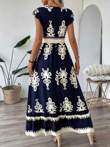Vestido largo estampado verano escote V cintura ajustada moda mujer - Azul Marino - Ver 4