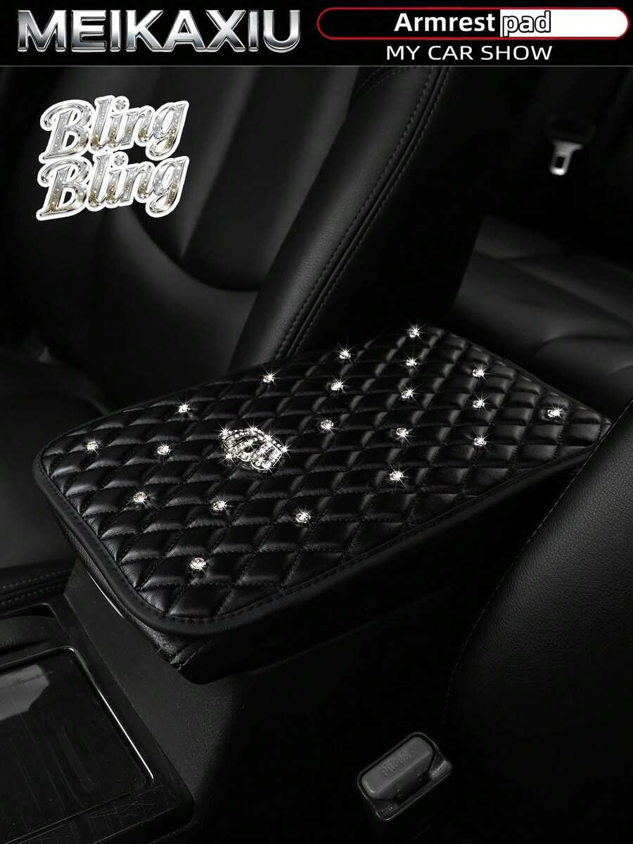 MEIKAXIU 1pc Bling-Bling Diamond Inlaid PU Faux  Crown Comfortable Soft New Car Armrest Pad Universal For Men And Women, All Seasons