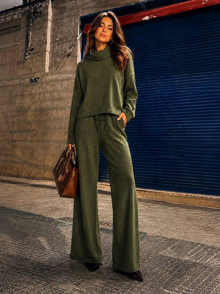 Women's Set In Elegant And Comfortable Ribbed Knit Fabric, Winter Fashion, Chic Blogger Style - Verde militar - Ver 1
