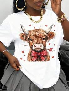 Camiseta Blanca con Estampado de Vaca Linda con Lazo Rojo y Corazones para Mujer, Regalo de San Valentín, Ropa Casual, Top de Moda - Blanco - Ver 1