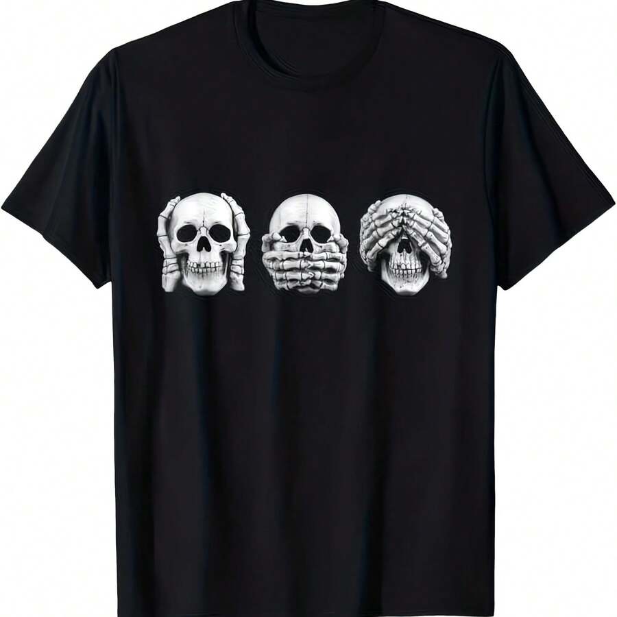 Camiseta con diseño de calavera de inspiración japonesa para hombre y mujer, con estampado HEAR NO EVIL, SEE NO EVIL, SPEAK NO EVIL, de algodón holgado de gran tamaño - Multicolor - Ver 1