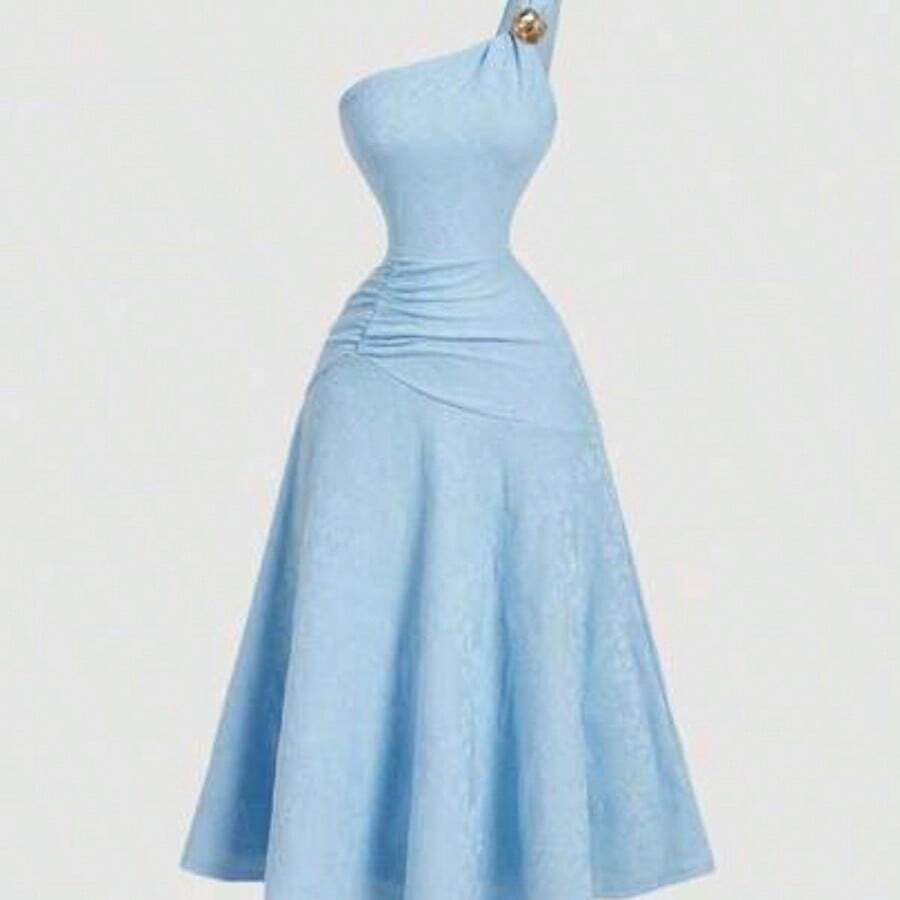 MOD Vestido de longitud midi sin mangas con acento de hebilla de metal, estilo de vacaciones - Azul - Ver 1