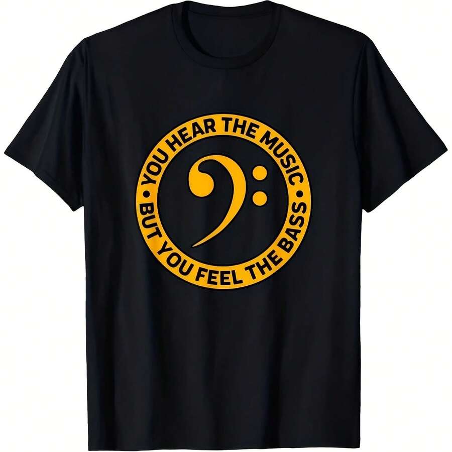Men's Graphic T-Shirt Made From 100% Cotton With A 'You Hear The Music But You Feel The Bass' Design, Regular Fit, Round Neck And Short Sleeves - 彩色 - 查看 1