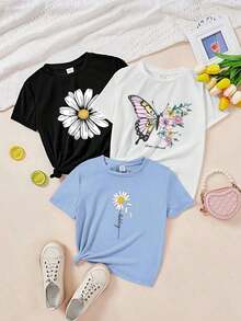 Conjunto de 3 piezas informal y minimalista para mujer con estampado de mariposa y flor, camiseta de cuello redondo, manga corta y cropped para verano - Blanco - Ver 7