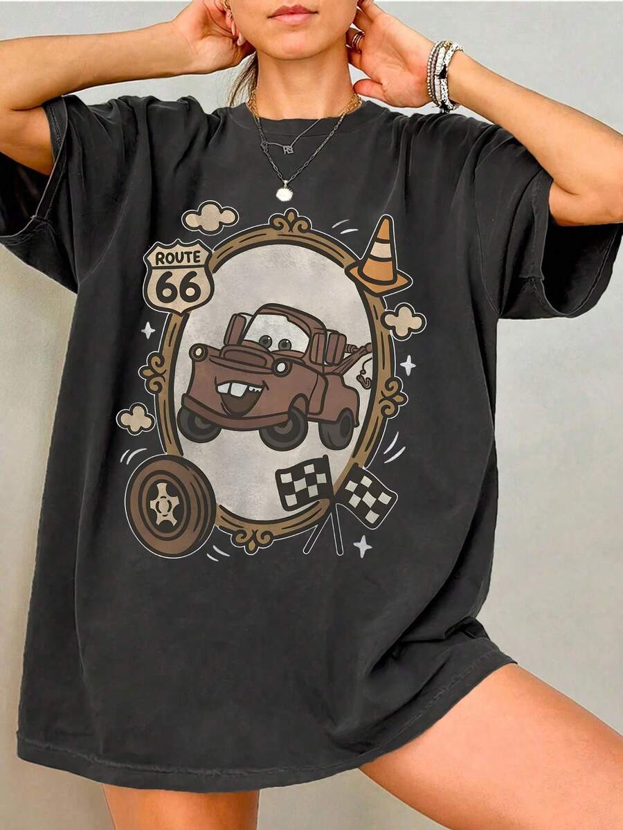 Disney Cars Tow Mater Tee, Washed Cotton Vintage Black Base, Retro American Style, Loose Fit Perfect For Everyday Wear. - Black - View 1