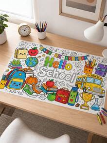 Hello School 彩繪桌布 PE 印花長方形餐墊，適合兒童返校派對、教室活動、居家娛樂、感恩節與派對裝飾 - A - 查看 4