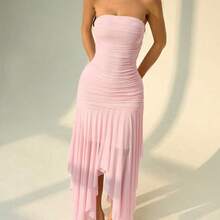 PETITE Vestido para mujer con dobladillo asimétrico y volantes sin tirantes, adecuado para citas y temporada de bodas, vestidos de verano para mujeres - Amarillo - Ver 7