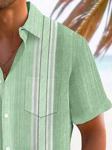 Vintage Geometric Bowling Colorblock Print Men's Lightweight Loose Button-Up Pocket Short Sleeve Shirt - Green - View 5