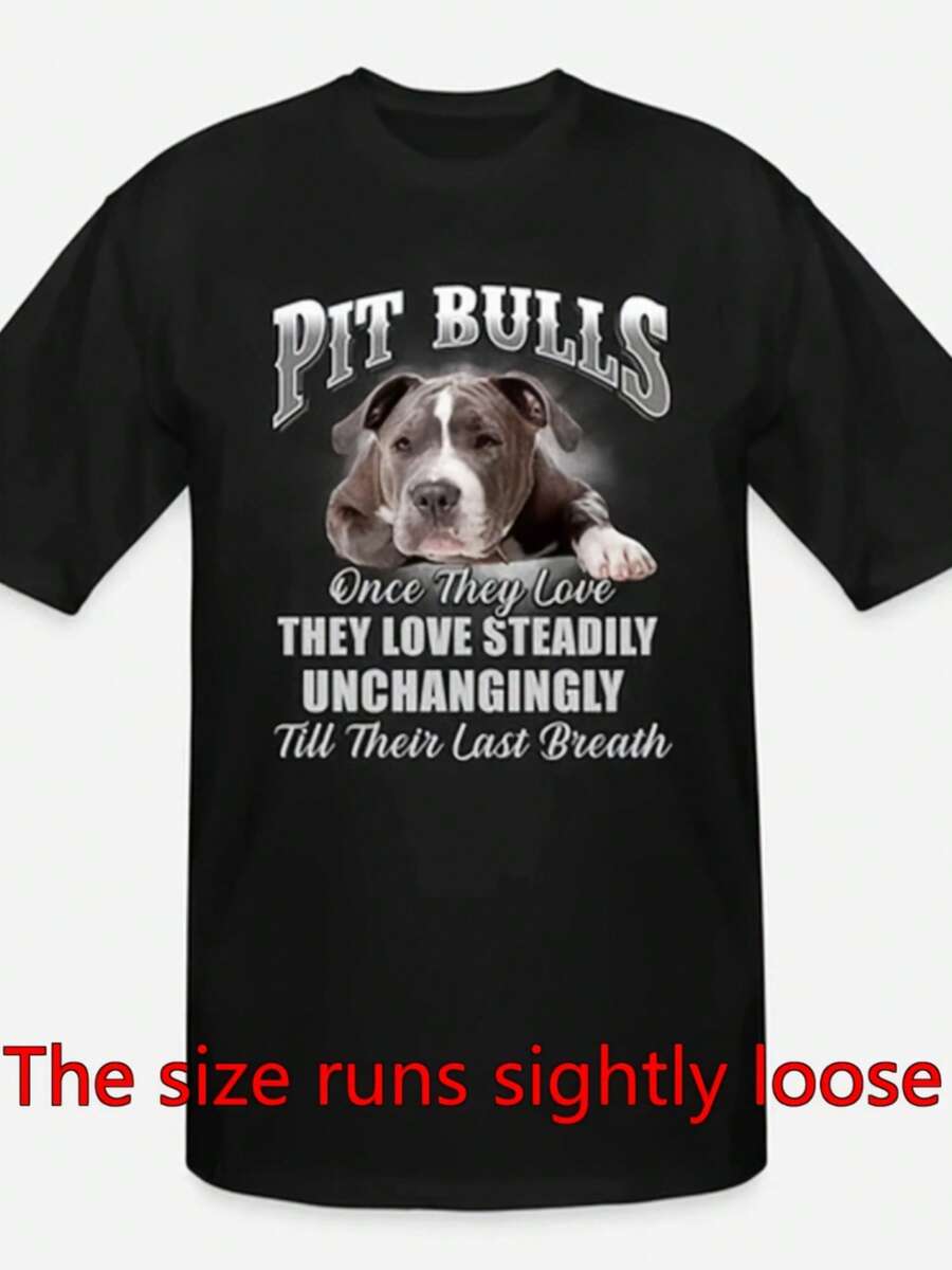 5854 Camiseta Divertida de Manga Corta para Hombre y Mujer| Una vez que los Pitbulls se enamoran, amarán con firmeza - Camiseta casual de cuello redondo con diseño estampado - negro - Ver 1