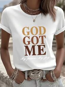 Camiseta con Estampado "God Got Me", Manga Corta, Cuello Redondo, Estilo Casual para Verano y Primavera, Ropa de Mujer - Blanco - Ver 1