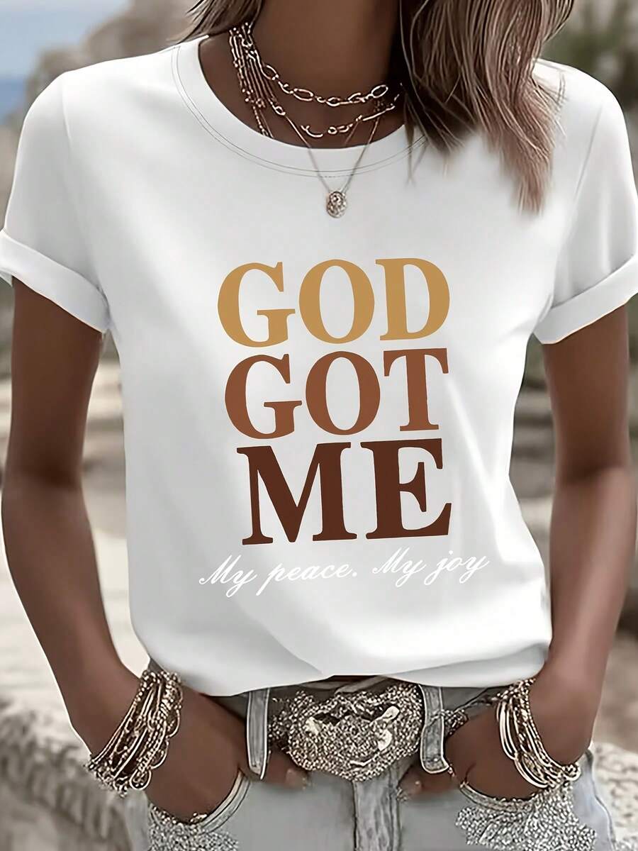 Camiseta con Estampado "God Got Me", Manga Corta, Cuello Redondo, Estilo Casual para Verano y Primavera, Ropa de Mujer - Blanco - Ver 1