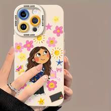 Chica de pelo castaño con temática de garabatos rosas y soleadosfunda de teléfono Fundas compatibles con ,Apple,VIVO,OPPO,,, y Honor.Fabricadas en silicona TPU,ofrecen protección contra golpes y caídas.correa para celular - Blanco - Ver 2