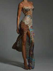 Vestido largo gasa tirantes sin hombros con abertura estilo chica sexy verano - Azul - Ver 5