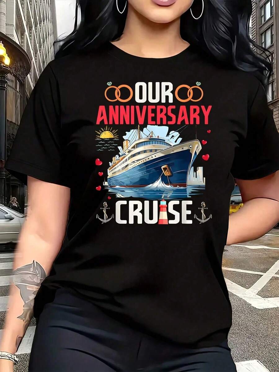 OUR ANNIVERSARY CRUSADER Women's Plus Size T-Shirt, 1 Piece, Funny, Graphic Print, Short Sleeve, Novelty, 100% Cotton, Casual, Crew Neck, 220g - 黑色 - 查看 1