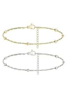 Set Gelang Kaki Rantai Cuban Emas & Perak Wanita 2 Buah & Gelang Manik-Manik, Tahan Air, Ringan, Hadiah Perhiasan Musim Panas, Anti-Pudar - Emas + Perak - View 3