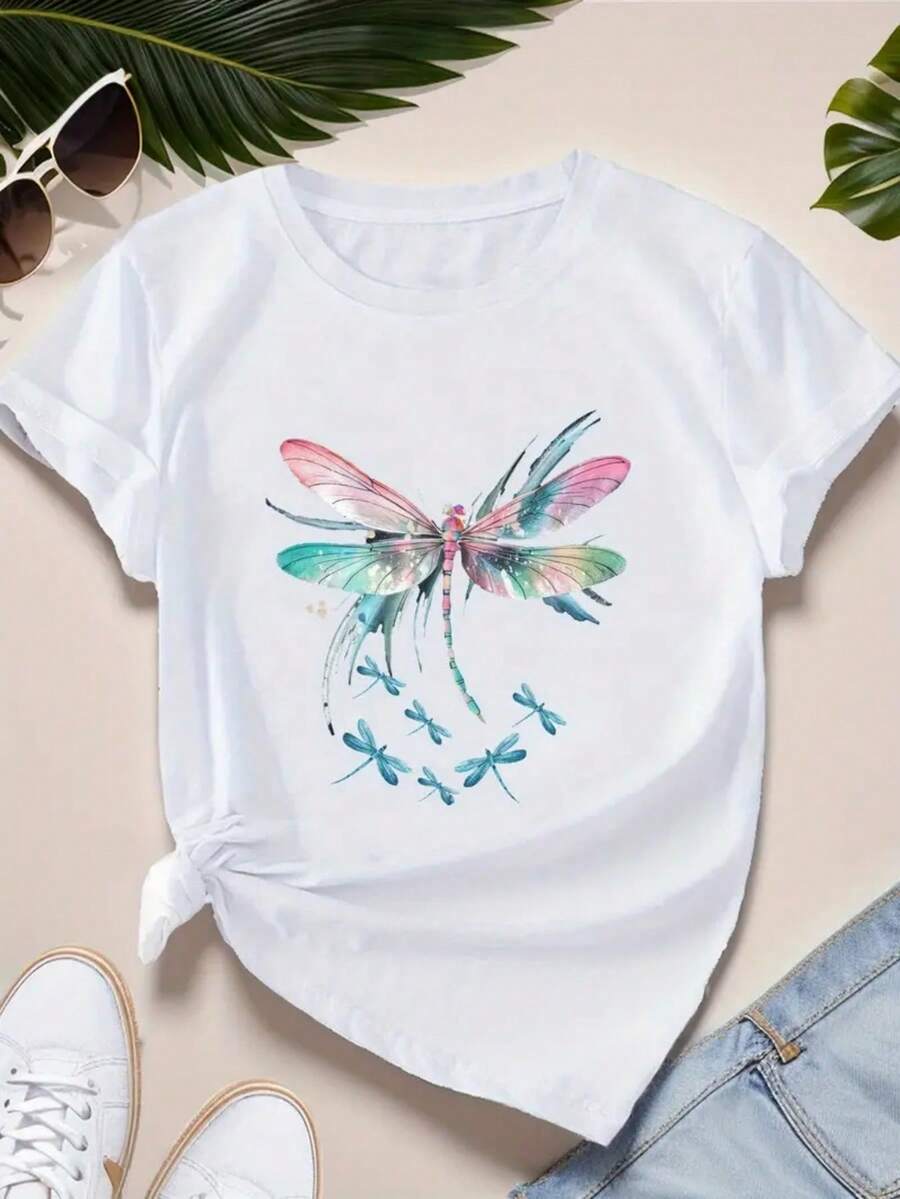 seta de algodón de libélula [Dragonfly] 100% algodón, camiseta casual gráfica para mujer, estampado de libélula, manga corta, cuello redondo, moda de primavera-verano, lavable en máquina2026 - Blanco - Ver 1