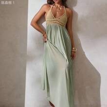 jianchaimaoyi02  Vestido elegante y sexy con escote en V profundo, hecho de ganchillo y parches de malla, para mujer. Ideal para vacaciones, atuendo de playa y vestidos de - Caqui - Ver 7