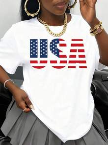 Women's Black T-Shirt With American Flag Design, Patriotic, For American Independence Day Celebration, Casual Graphic Tee For The Fourth Of July, Clothing - 白色 - 查看 1
