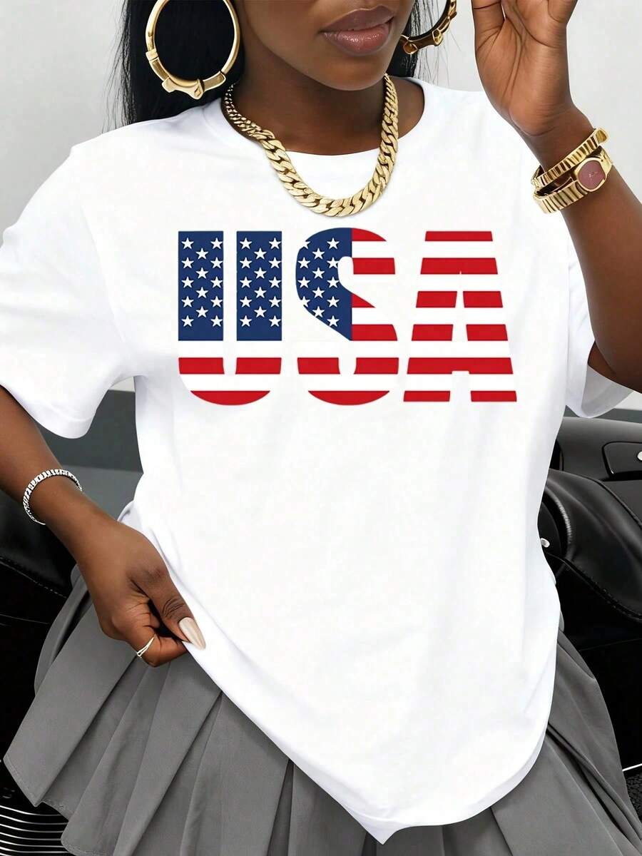 Women's Black T-Shirt With American Flag Design, Patriotic, For American Independence Day Celebration, Casual Graphic Tee For The Fourth Of July, Clothing - 白色 - 查看 1