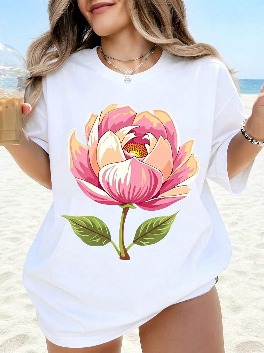 Camiseta Blanca con Estampado de Flor de Loto Rosa para Mujer, Estilo Casual de Verano, Holgada y de Talla Grande, Ideal para Vacaciones, Viajes y Uso Diario - Blanco - Ver 1
