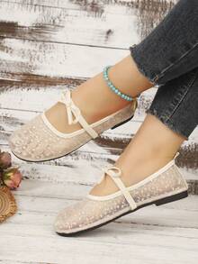 Cost-Effective Light Apricot Mesh Embroidered Mary Jane Flats, Soft Sole Bow Shoes, Women's Commute & Casual Shoes - Beige - View 3