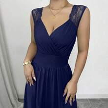 Vestido caqui de línea A con cuello en V, con volantes, cintura fruncida, sin mangas y falda con abertura, de estilo francés elegante con encaje, apropiado para uso diario - verde menta - Ver 8