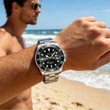 1pc Green Submariner Style Hollow Mechanical Watch For Men, Stainless Steel Luminous Date Waterproof Casual Watch, Suitable For Daily Decoration - Black - View 4