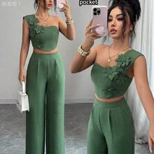 jianchaimaoyi02  Elegante conjunto de 2 piezas de top sin mangas y pantalones con decoración floral 3D para vacaciones casuales para mujeres - Azul - Ver 2