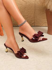 Sandal Hak Tinggi Ujung Lancip dengan Hiasan Pita untuk Wanita, Sepatu Hak Tebal Serbaguna dengan Tali Belakang, Cocok untuk Pernikahan dan Kencan, Sandal Hak Tinggi Ujung Lancip dengan Tali Belakang untuk Wanita, Gaya Serbaguna untuk Pernikahan dan Kencan - Burgundy - View 11