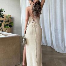 xuehuamaoyi02  Vestido de punto midi de corte ajustado, elegante y sexy con espalda descubierta y abertura lateral para mujer - Burdeos - Ver 3