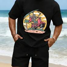 Camiseta con estampado de esqueletos de coches y cocoteros estilo caricatura, cuello redondo, de algodón, para hombre, y pantalones cortos de pierna ancha, unisex, holgados, de moda de veran - Multicolor - Ver 1