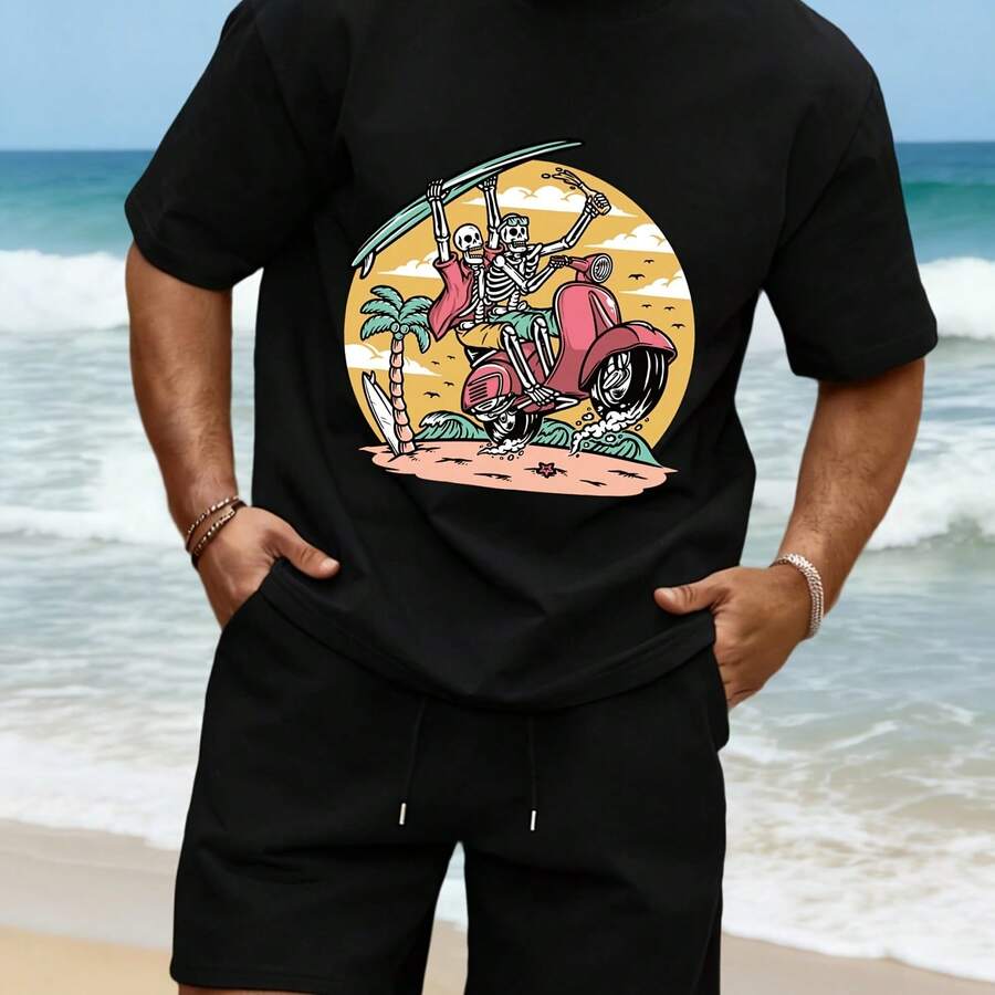 Camiseta con estampado de esqueletos de coches y cocoteros estilo caricatura, cuello redondo, de algodón, para hombre, y pantalones cortos de pierna ancha, unisex, holgados, de moda de veran - Multicolor - Ver 1