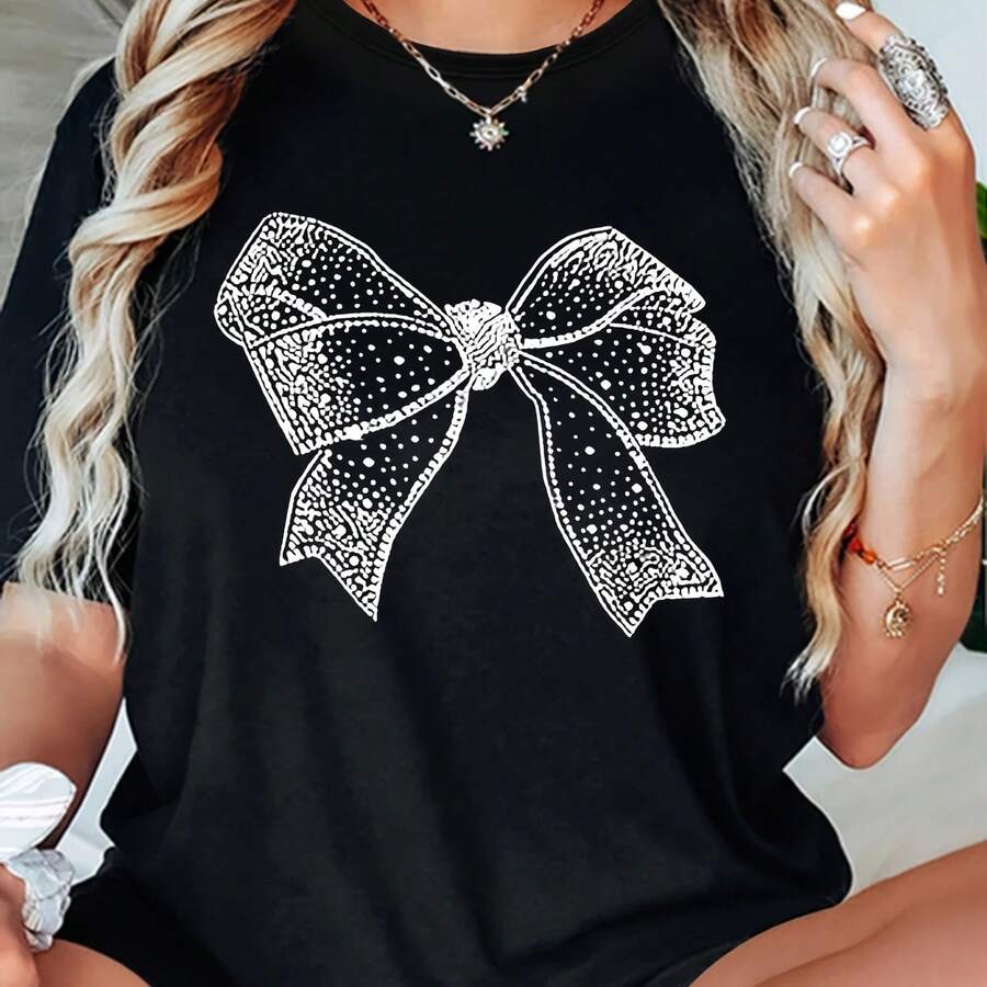 Camiseta de Mujer con Estampado de Lazo Blanco, Top Suave, Camiseta Informal de Verano de Manga Corta con Cuello Redondo, Ropa Cómoda - Multicolor - Ver 1