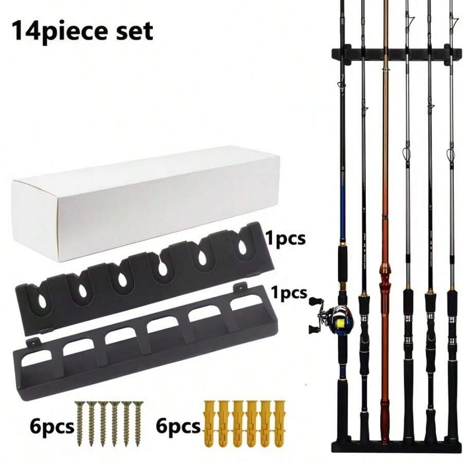 Vertical Wall Mount Fishing Rod Holder - ABS 6-Rod Storage Rack With Mounting Screws & Expansion Bolts, 14-Piece Set/This Fishing Rod Holder Is Made In China - Black - View 1