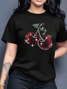 Camiseta Estampada con Motivo de Cerezas, Manga Corta, Cuello Redondo, Estilo Casual para Primavera y Verano, Ropa de Mujer - Negro - Ver 2