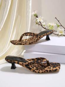 New Women's Fashion High Heel Sandals, Elegant Women's High Heels, Kitten Heel Split Toe High Heels, Backless Elegant Leopard Print Flip Flops, Stiletto Heel Square Toe Women's High Heels, Summer Outdoor Stiletto Sandals, Suitable For Party Casual Elegant Wear, Wedding Party Nightclub Style - Brown - View 6