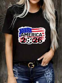 Women's Premium 2026 World Cup Themed T-Shirt, Pure Cotton, Short Sleeve, Printed With The 2026 World Cup Pattern In The USA, Casual And Minimalist Style - 黑色 - 查看 1