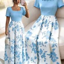 Vestido elegante de fiesta con estampado floral y patchwork, nueva colección primavera/verano 2026 para mujer - Celeste - Ver 1