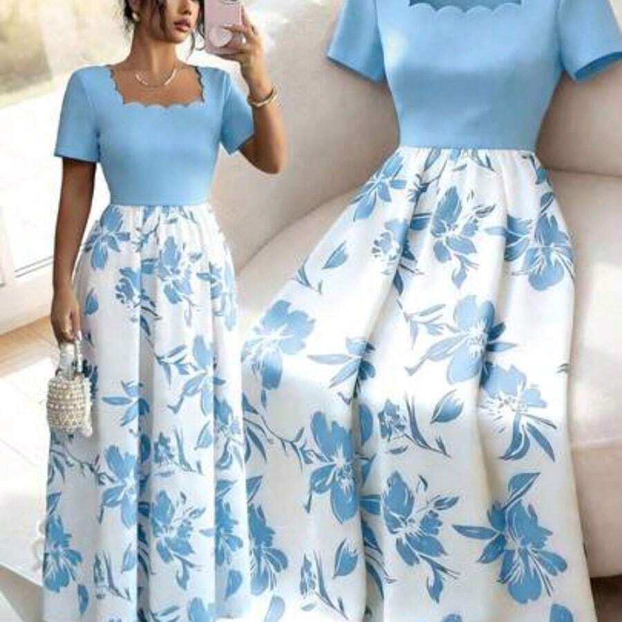 Vestido elegante de fiesta con estampado floral y patchwork, nueva colección primavera/verano 2026 para mujer - Celeste - Ver 1
