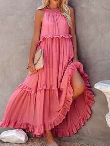Vestido pastel tirantes estilo delicado largo elegante  moda femenina estilo europeo - Rosa - Ver 2