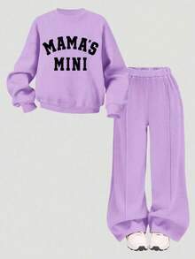 Tween Girl Letter Print Warm Crew Neck Sweatshirt And Cargo Pants - Purple - View 2