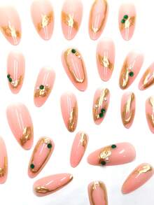 24pcs European And American Minimalist Asymmetrical Line French Design, Decorated With Various Rhinestones 3D Gold Foil Patterns, Medium Almond Shaped Fake Nails, Decorated With Various Sparkling Rhinestone Accessories, Suitable For Various Parties, Gatherings, Vacations, Comes With Tool Kit, Removable Fake Nails For Repeated Use, Nail Art Supplies. - Gold - View 4