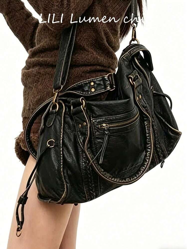 Black Vintage PU Leather Shoulder Bag, Large Capacity Textured
