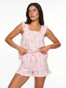 Women Summer Pajama Set Solid Flying Sleeve Tank Tops And Ruffle Shorts 2 Piece Casual Lounge Outfit - Pink - View 6