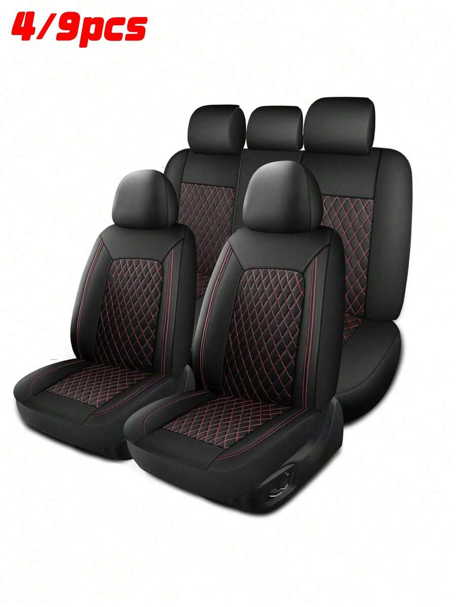 4/9pcs Set PU Leather Car Seat Covers, Waterproof Seat Protector, Breathable Seat Cushion, Universal Fit For Most Sedans, SUVs, Trucks, Luxury Ventilated Front Seat Covers With Lumbar Support, Rear Seat Covers. 9pcs Set Includes: 2 Front Seat Covers, 1 Backrest Cover, 1 Rear Seat Cover, 5 Headrest Covers. 4pcs Set Includes: 2 Front Seat Covers, 2 Headrest Covers.